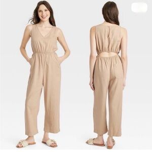 Linen V-Neck Cutout Jumpsuit in Beige/Tan